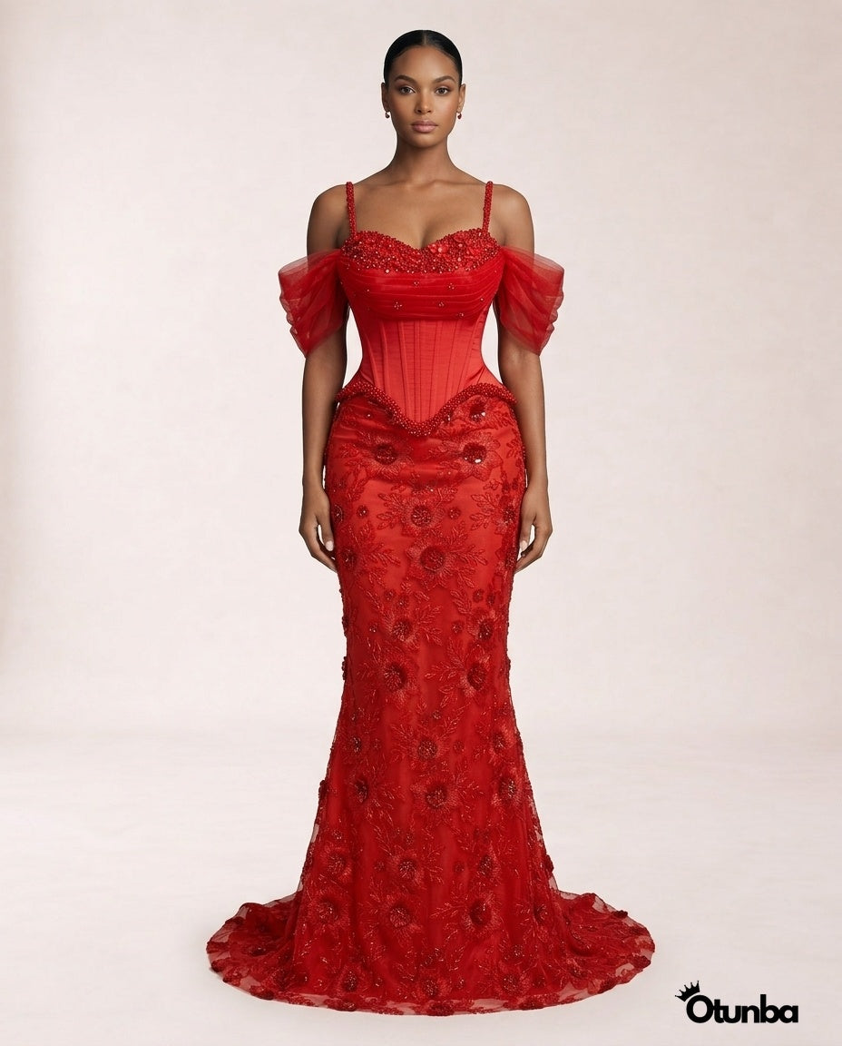 Luxury Party Beaded Lace Dress | Red