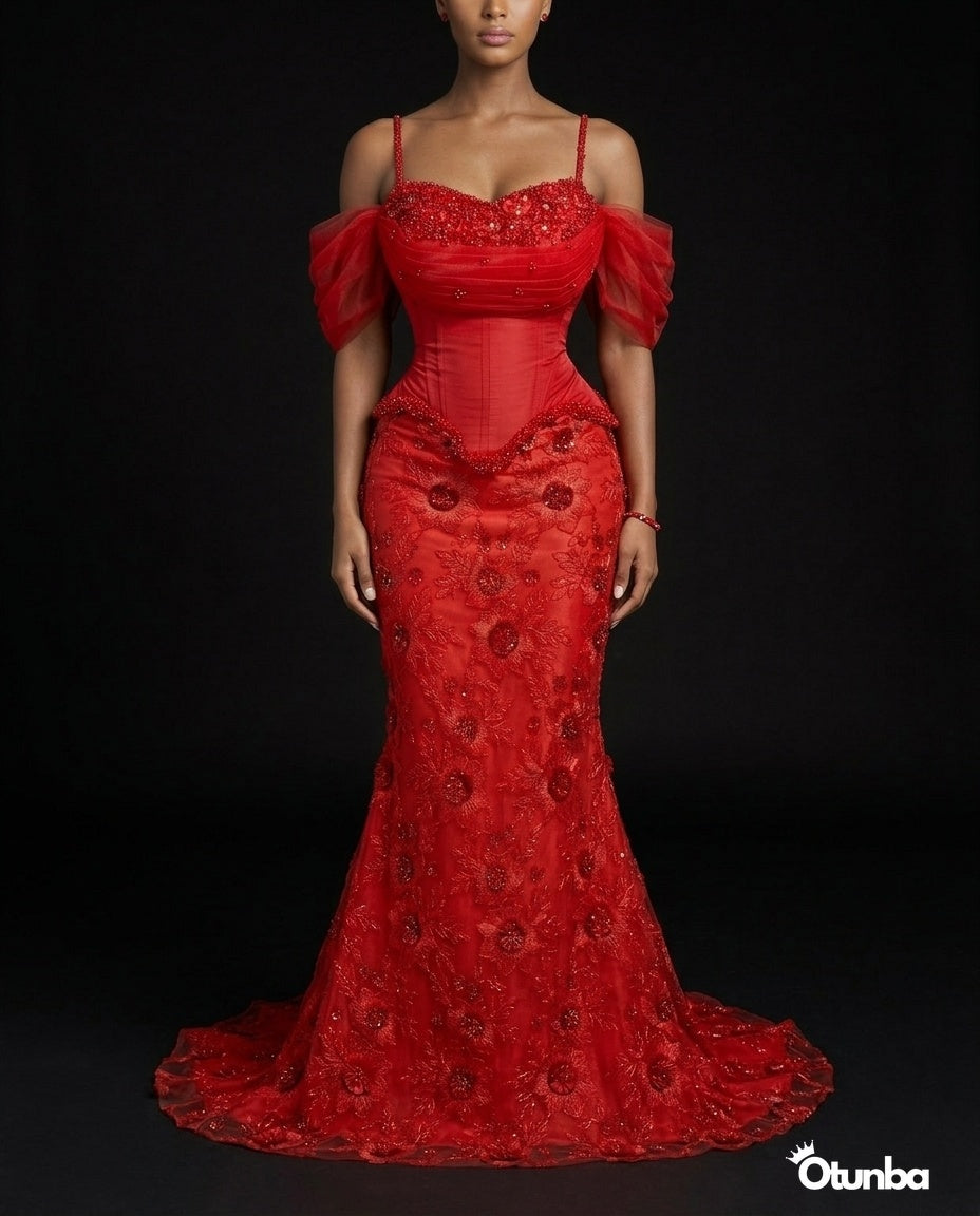 Luxury Party Beaded Lace Dress | Red — Photo 5 | OTUNBA Luxury Fashion
