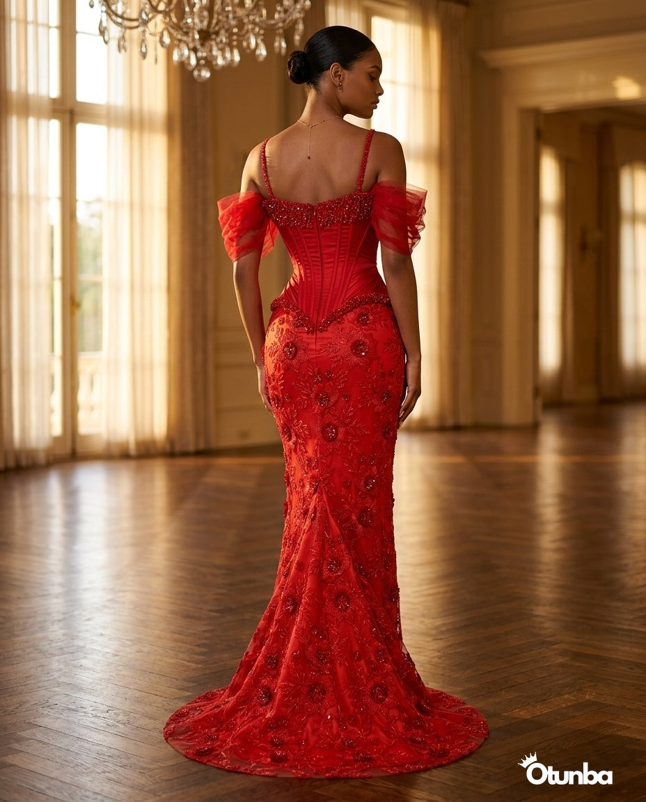 Luxury Party Beaded Lace Dress | Red — Social 1 | OTUNBA Luxury Fashion