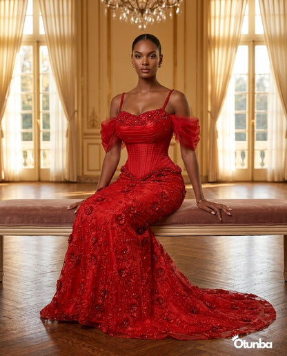 Luxury Party Beaded Lace Dress | Red — Social 2 | OTUNBA Luxury Fashion