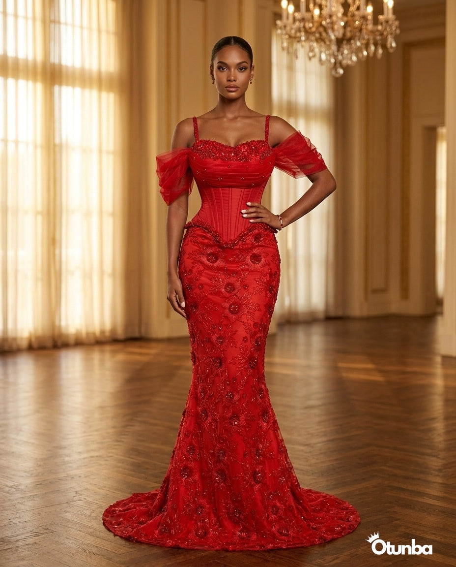 Luxury Party Beaded Lace Dress | Red — Social 3 | OTUNBA Luxury Fashion