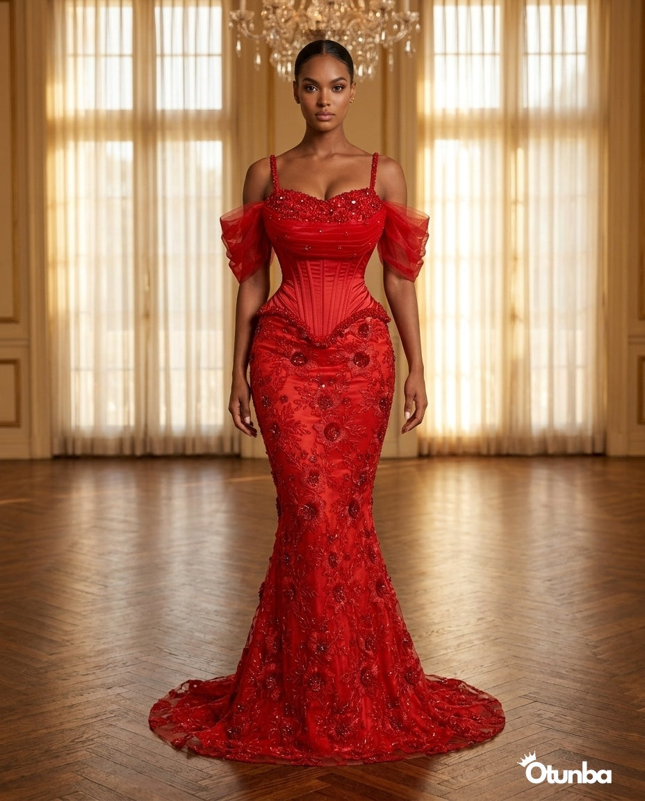 Luxury Party Beaded Lace Dress | Red — Social 5 | OTUNBA Luxury Fashion