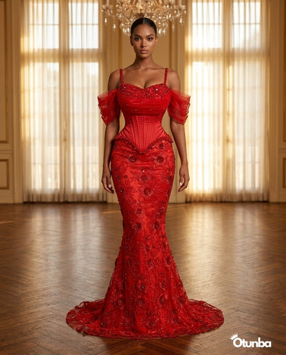 Luxury Party Beaded Lace Dress | Red — Social 5 | OTUNBA Luxury Fashion