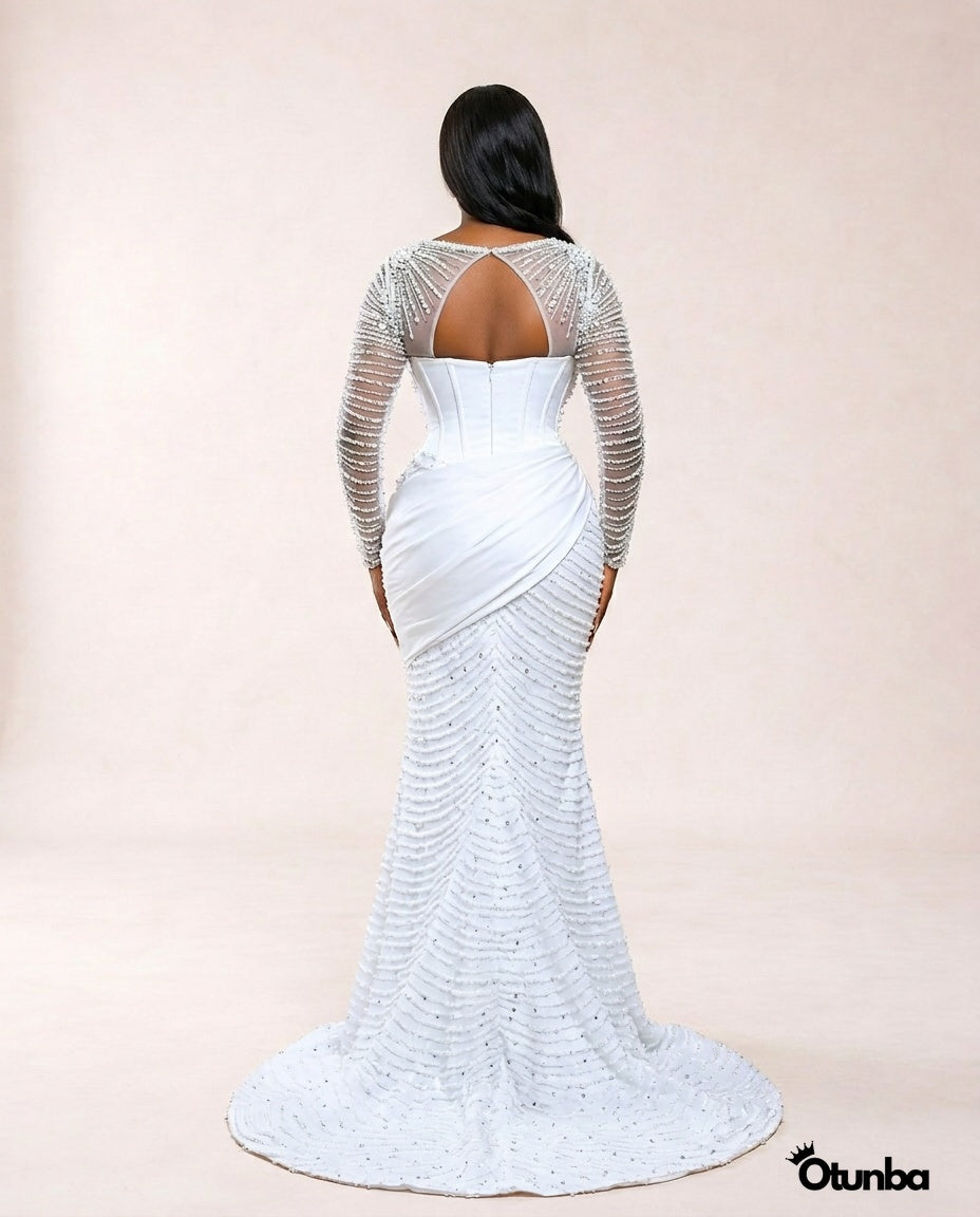 Luxury Pearl Beaded Mermaid Wedding Dress | Long Sleeves Crystal Beadi OTUNBA Luxury Pearl Beaded Mermaid Wedding Dress | Long Sleeves Crystal Beadi OTUNBA