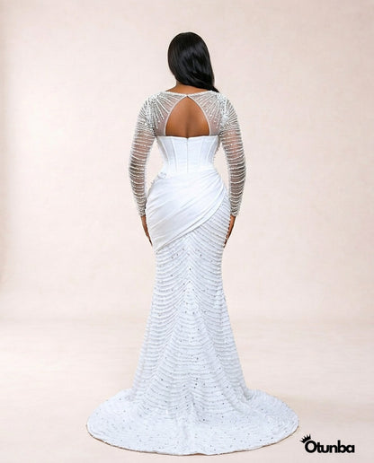 Luxury Pearl Beaded Mermaid Wedding Dress | Long Sleeves Crystal Beading — Photo 2 | OTUNBA Luxury Fashion