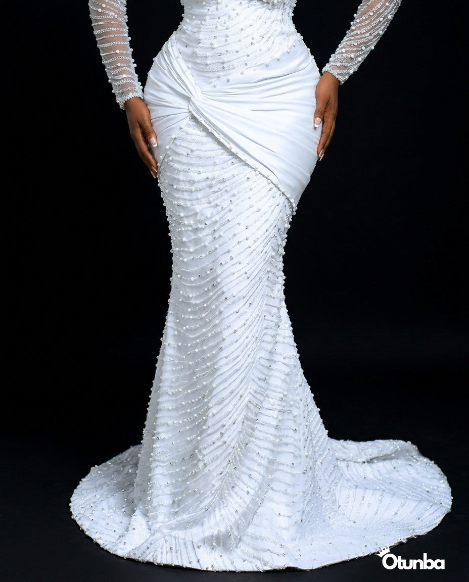 Luxury Pearl Beaded Mermaid Wedding Dress | Long Sleeves Crystal Beading — Photo 3 | OTUNBA Luxury Fashion
