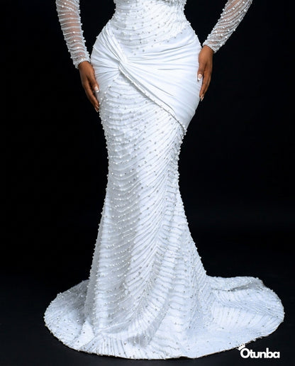 Luxury Pearl Beaded Mermaid Wedding Dress | Long Sleeves Crystal Beading — Photo 3 | OTUNBA Luxury Fashion