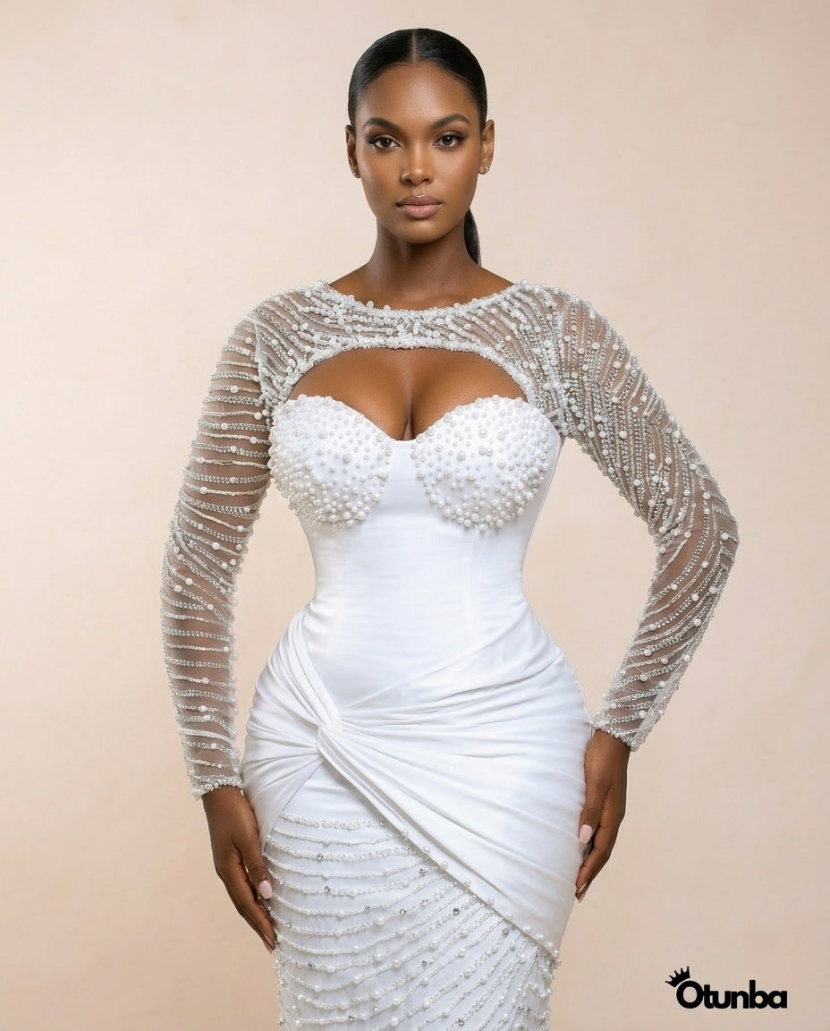 Luxury Pearl Beaded Mermaid Wedding Dress | Long Sleeves Crystal Beadi OTUNBA Luxury Pearl Beaded Mermaid Wedding Dress | Long Sleeves Crystal Beadi OTUNBA