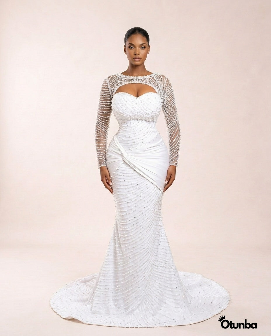 Luxury Pearl Beaded Mermaid Wedding Dress | Long Sleeves Crystal Beading — Photo 5 | OTUNBA Luxury Fashion