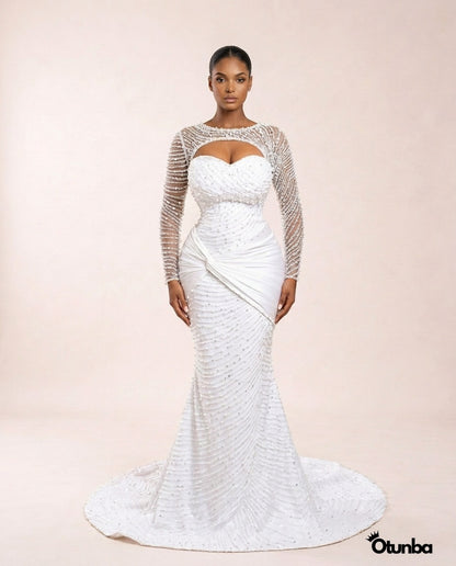 Luxury Pearl Beaded Mermaid Wedding Dress | Long Sleeves Crystal Beading — Photo 5 | OTUNBA Luxury Fashion