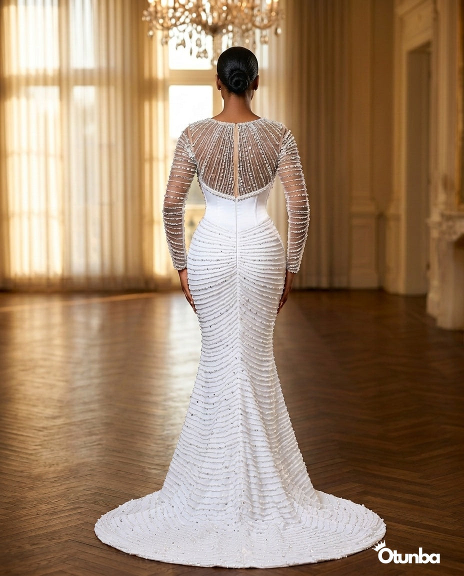 Luxury Pearl Beaded Mermaid Wedding Dress | Long Sleeves Crystal Beading — Social 1 | OTUNBA Luxury Fashion