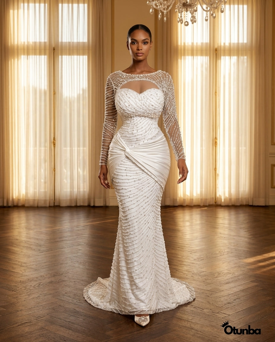 Luxury Pearl Beaded Mermaid Wedding Dress | Long Sleeves Crystal Beading — Social 2 | OTUNBA Luxury Fashion