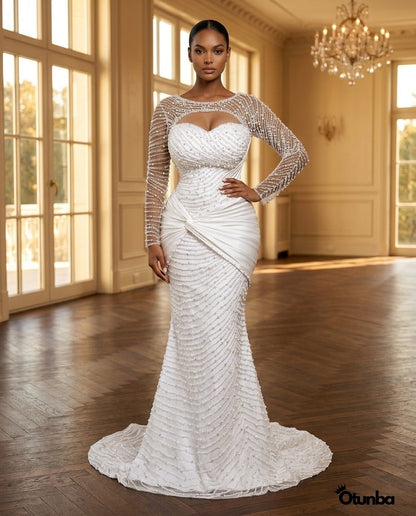 Luxury Pearl Beaded Mermaid Wedding Dress | Long Sleeves Crystal Beading — Social 3 | OTUNBA Luxury Fashion