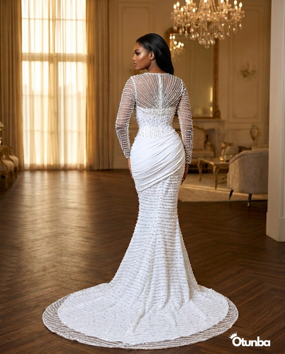Luxury Pearl Beaded Mermaid Wedding Dress | Long Sleeves Crystal Beading — Social 4 | OTUNBA Luxury Fashion