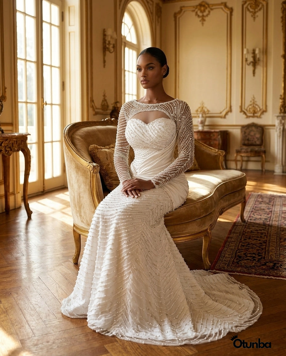 Luxury Pearl Beaded Mermaid Wedding Dress | Long Sleeves Crystal Beading — Social 5 | OTUNBA Luxury Fashion
