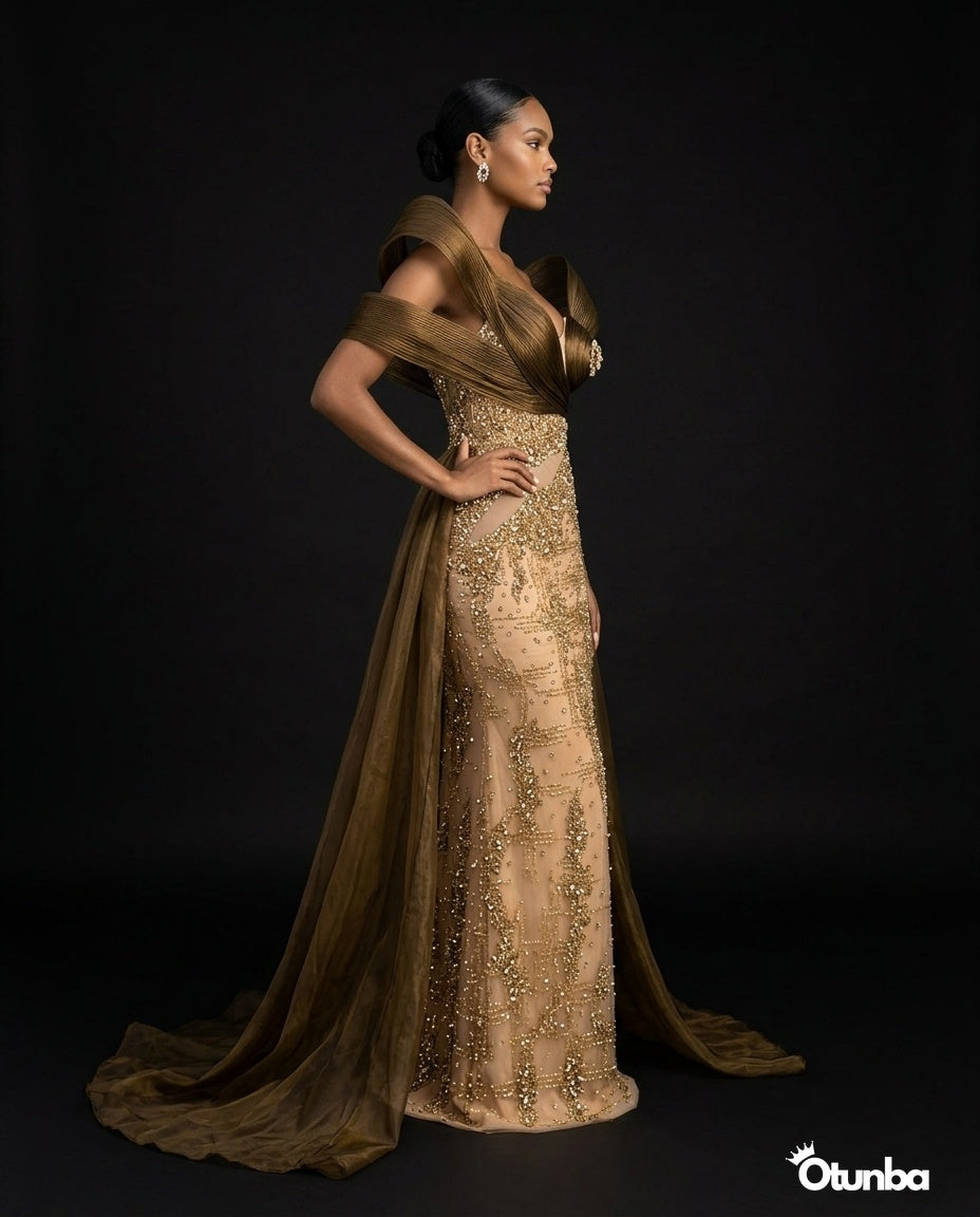Luxury Pearls Cocktail Dress  | Gold & Brown — Photo 1 | OTUNBA Luxury Fashion
