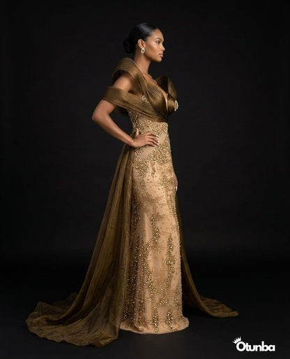 Luxury Pearls Cocktail Dress  | Gold & Brown — Photo 1 | OTUNBA Luxury Fashion