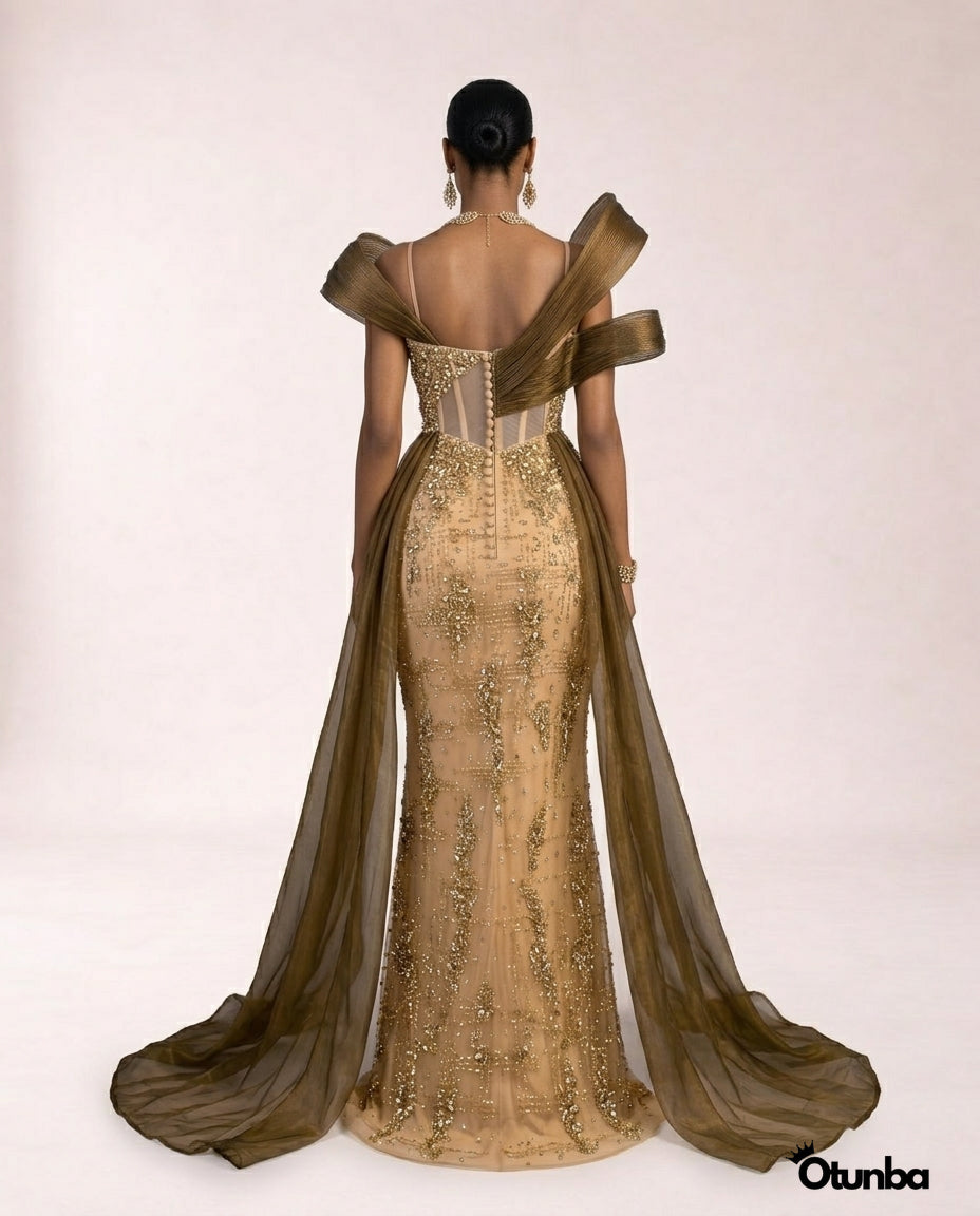 Luxury Pearls Cocktail Dress  | Gold & Brown — Photo 2 | OTUNBA Luxury Fashion