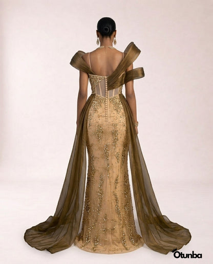 Luxury Pearls Cocktail Dress  | Gold & Brown — Photo 2 | OTUNBA Luxury Fashion