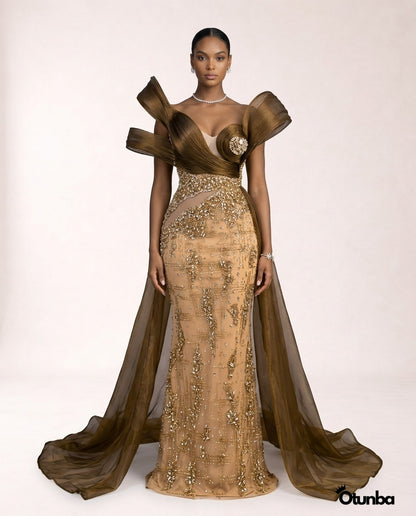 Luxury Pearls Cocktail Dress  | Gold & Brown — Photo 3 | OTUNBA Luxury Fashion