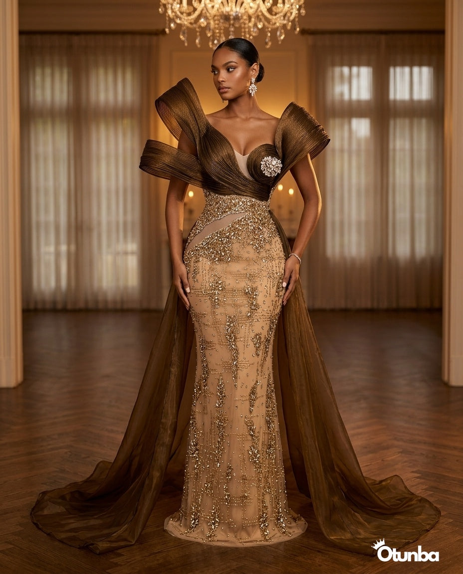 Luxury Pearls Cocktail Dress  | Gold & Brown — Social 2 | OTUNBA Luxury Fashion