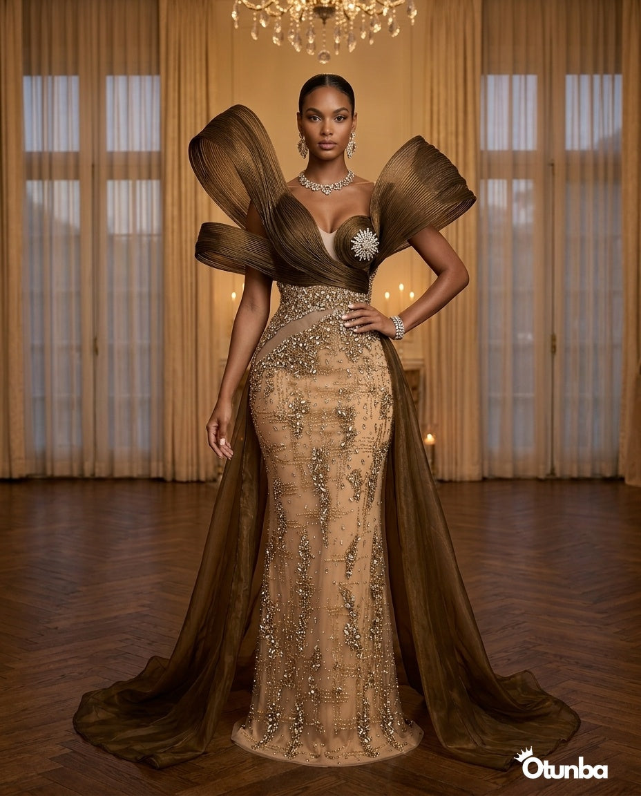 Luxury Pearls Cocktail Dress  | Gold & Brown — Social 3 | OTUNBA Luxury Fashion