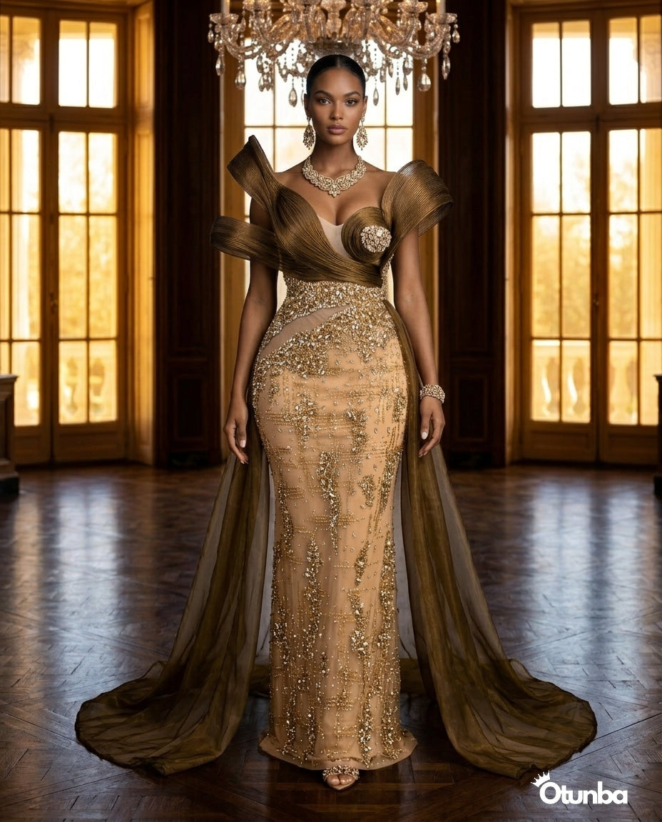 Luxury Pearls Cocktail Dress  | Gold & Brown — Social 4 | OTUNBA Luxury Fashion