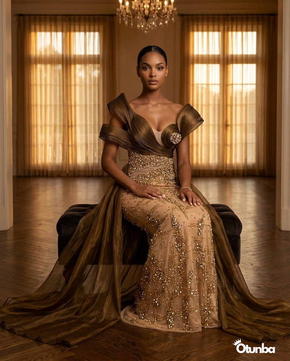 Luxury Pearls Cocktail Dress  | Gold & Brown — Social 5 | OTUNBA Luxury Fashion