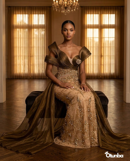 Luxury Pearls Cocktail Dress  | Gold & Brown — Social 5 | OTUNBA Luxury Fashion