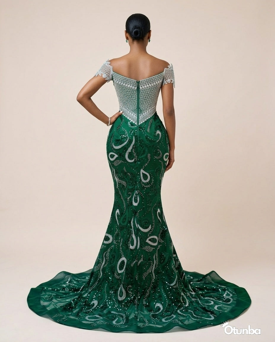 Luxury Prom Silver Off Shoulder | Emerald — Photo 1 | OTUNBA Luxury Fashion