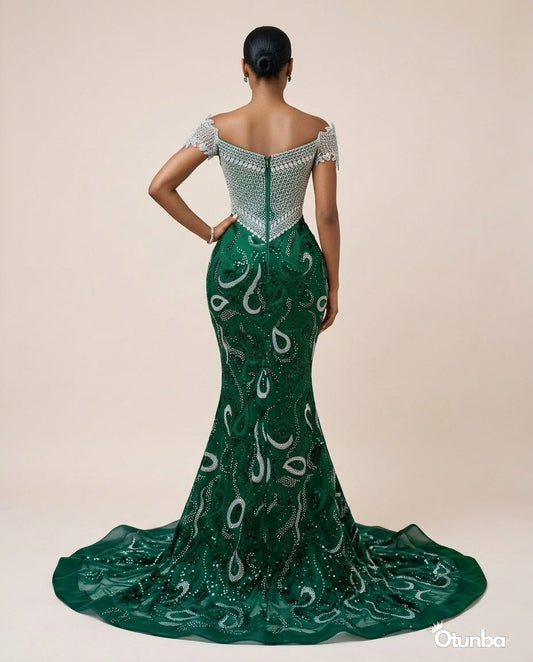 Luxury Prom Silver Off Shoulder | Emerald — Photo 1 | OTUNBA Luxury Fashion