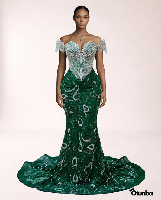 Luxury Prom Silver Off Shoulder | Emerald — Photo 2 | OTUNBA Luxury Fashion