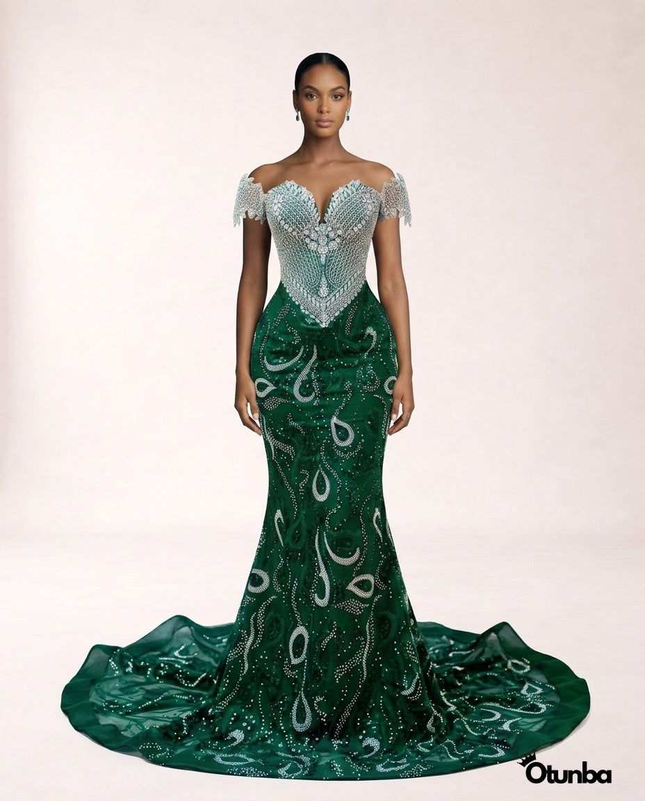 Luxury Prom Silver Off Shoulder | Emerald — Photo 3 | OTUNBA Luxury Fashion