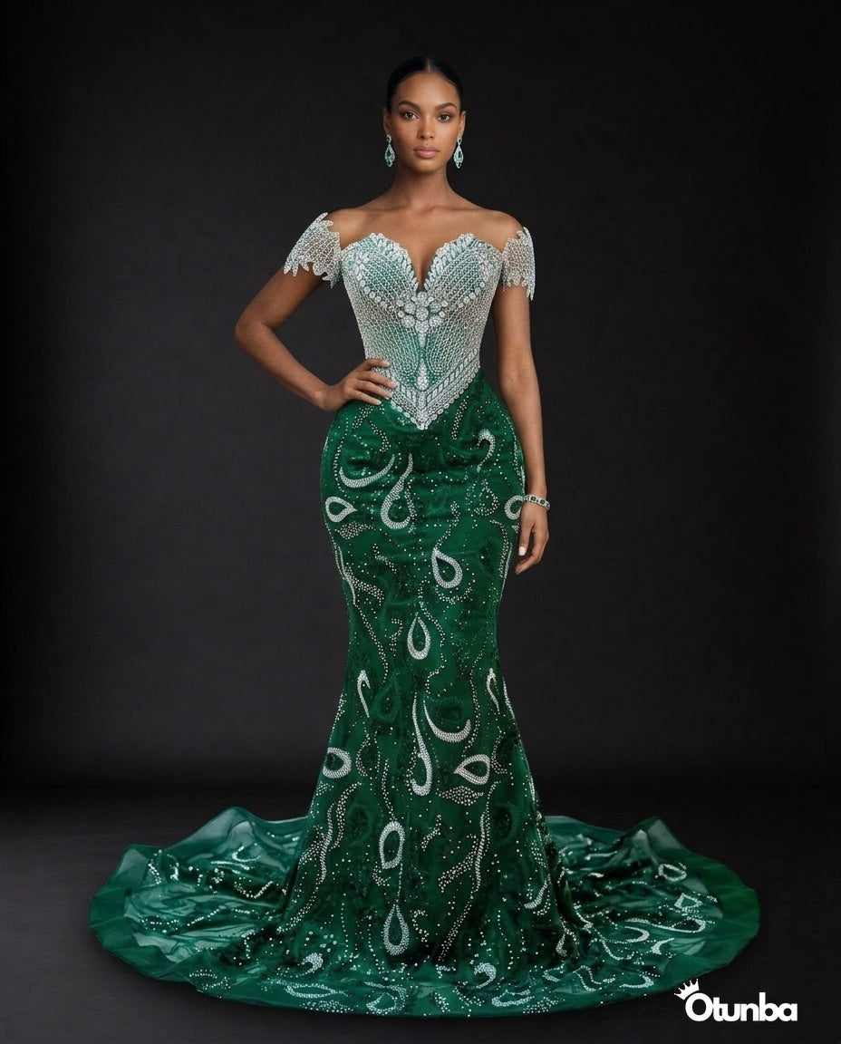 Luxury Prom Silver Off Shoulder | Emerald — Photo 4 | OTUNBA Luxury Fashion