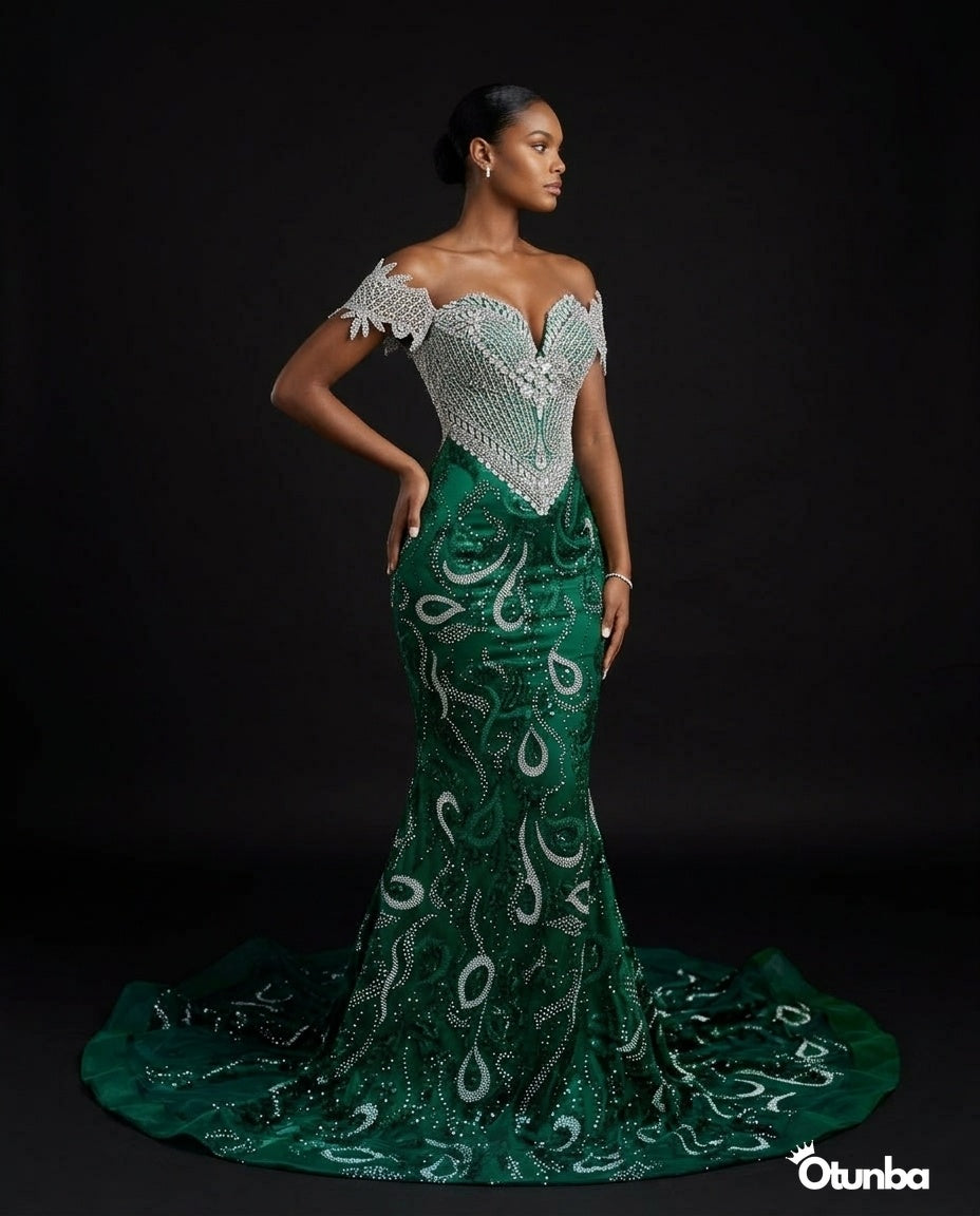 Luxury Prom Silver Off Shoulder | Emerald — Photo 5 | OTUNBA Luxury Fashion