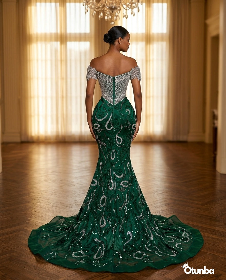 Luxury Prom Silver Off Shoulder | Emerald — Social 1 | OTUNBA Luxury Fashion