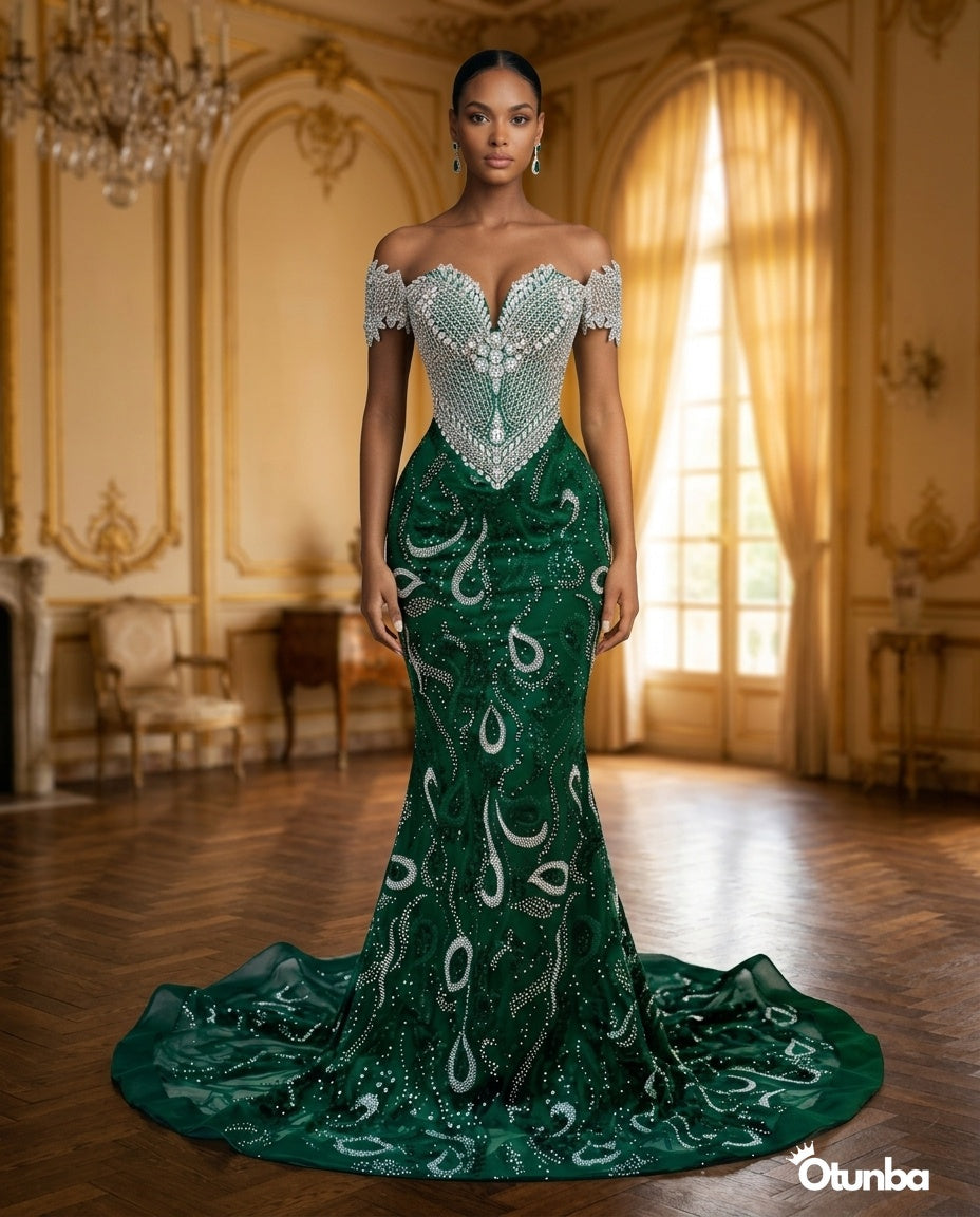Luxury Prom Silver Off Shoulder | Emerald — Social 2 | OTUNBA Luxury Fashion