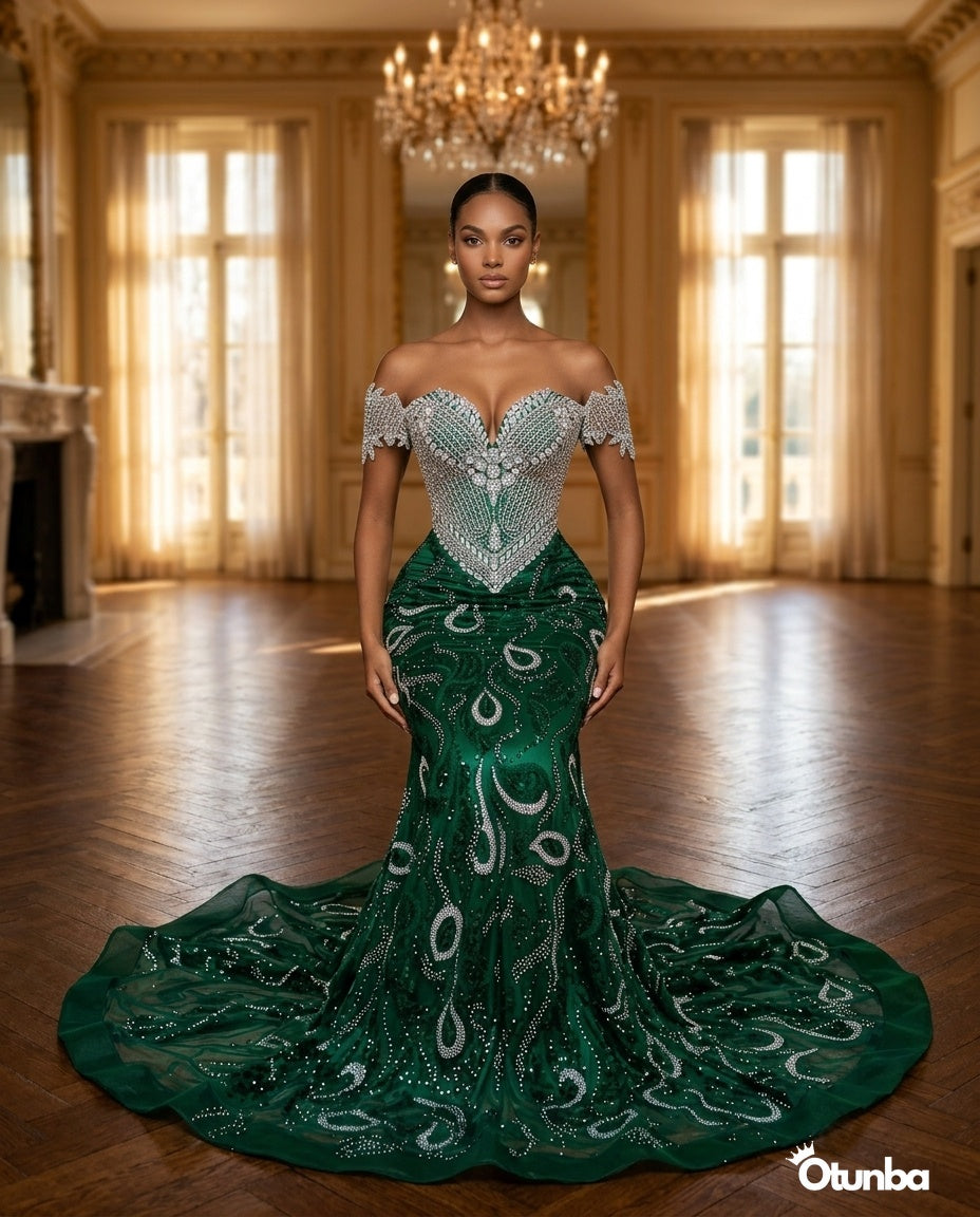 Luxury Prom Silver Off Shoulder | Emerald — Social 4 | OTUNBA Luxury Fashion