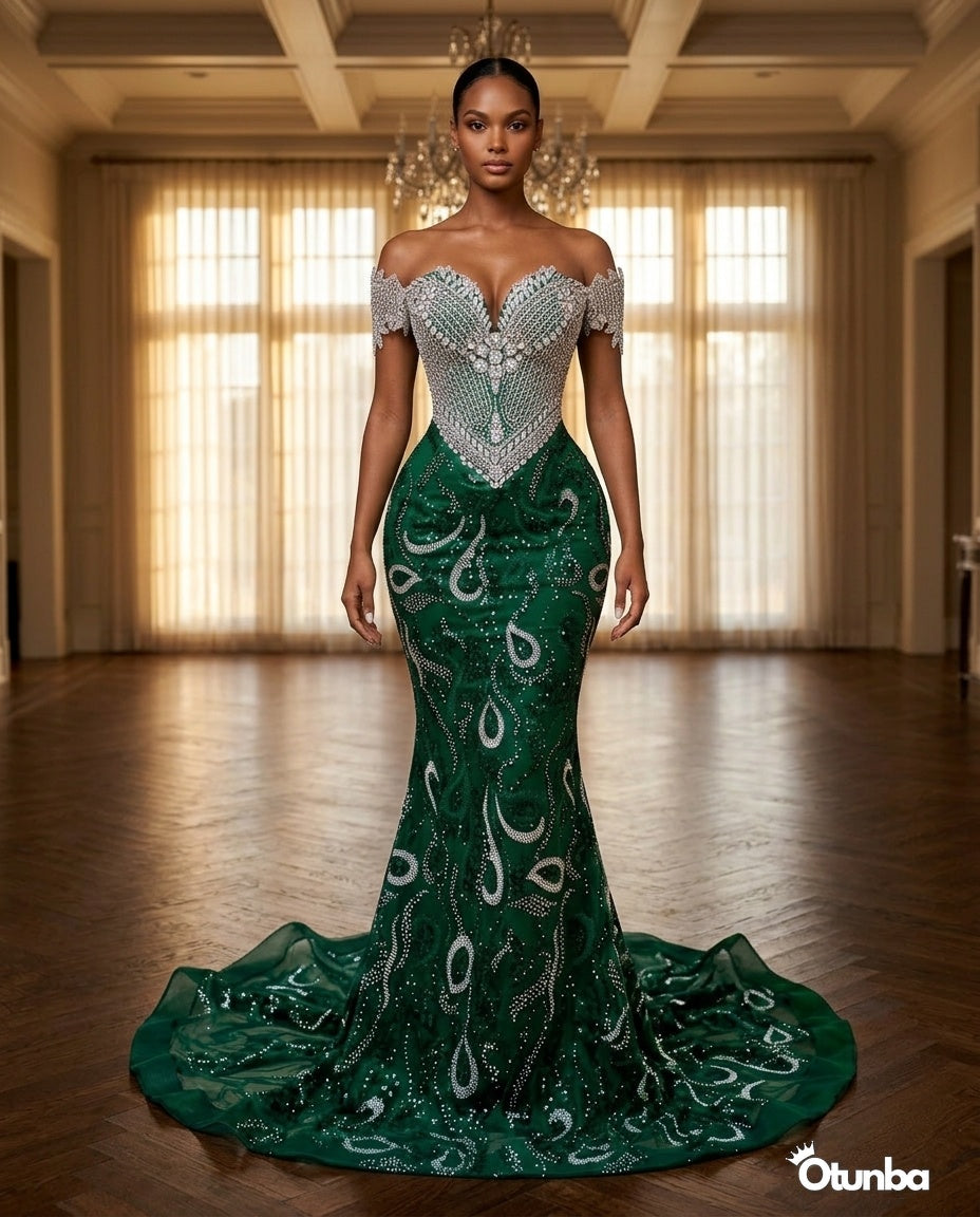 Luxury Prom Silver Off Shoulder | Emerald — Social 5 | OTUNBA Luxury Fashion