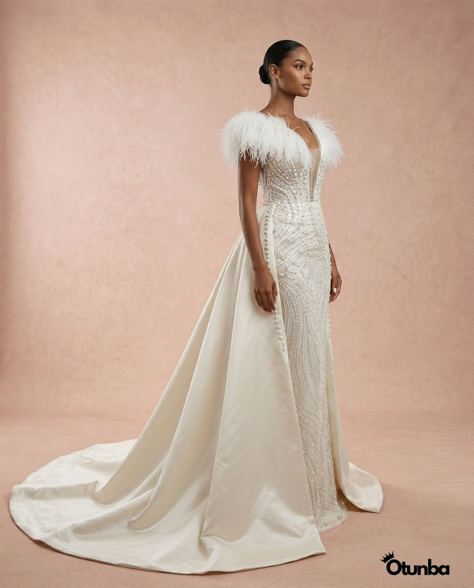 Luxury Ravishing Feather Beading Wedding Dresses | Vintage V Neck — Photo 1 | OTUNBA Luxury Fashion