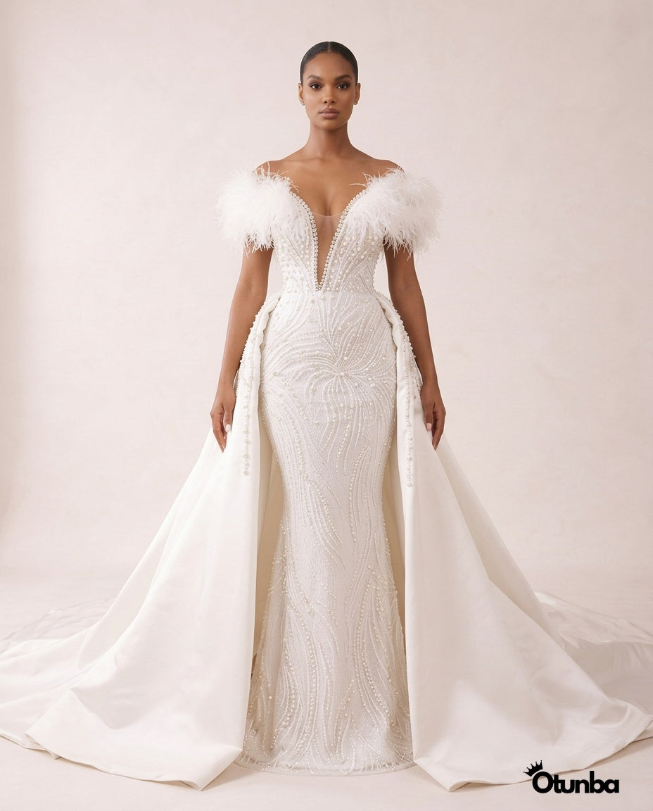 Luxury Ravishing Feather Beading Wedding Dresses | Vintage V Neck — Photo 4 | OTUNBA Luxury Fashion