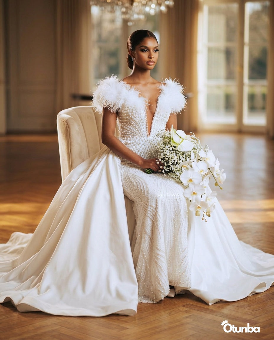 Luxury Ravishing Feather Beading Wedding Dresses | Vintage V Neck — Social 1 | OTUNBA Luxury Fashion