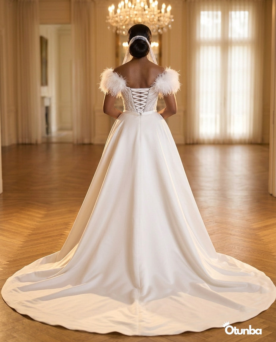 Luxury Ravishing Feather Beading Wedding Dresses | Vintage V Neck — Social 2 | OTUNBA Luxury Fashion