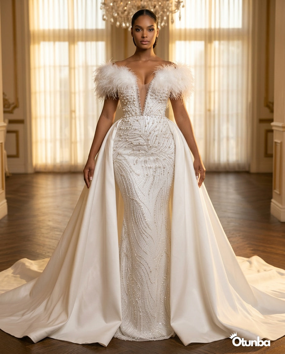Luxury Ravishing Feather Beading Wedding Dresses | Vintage V Neck — Social 4 | OTUNBA Luxury Fashion