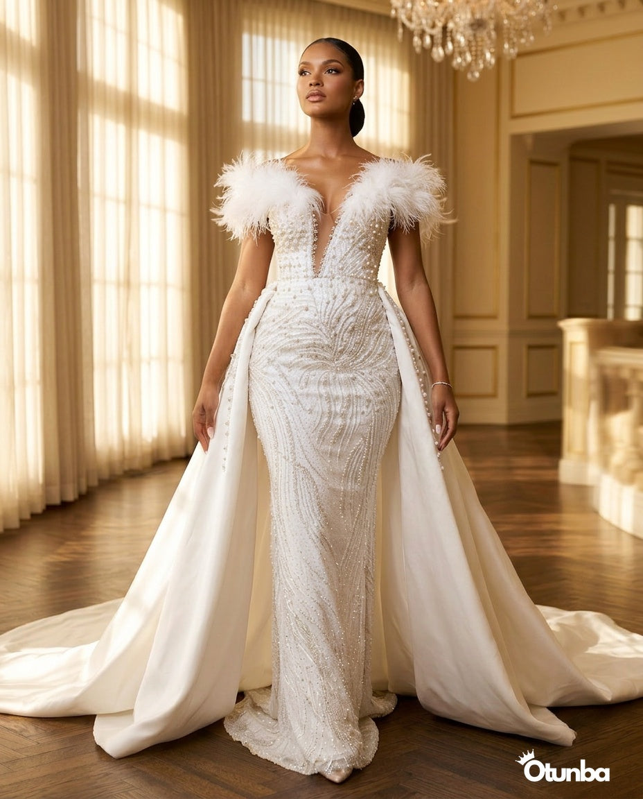 Luxury Ravishing Feather Beading Wedding Dresses | Vintage V Neck — Social 5 | OTUNBA Luxury Fashion