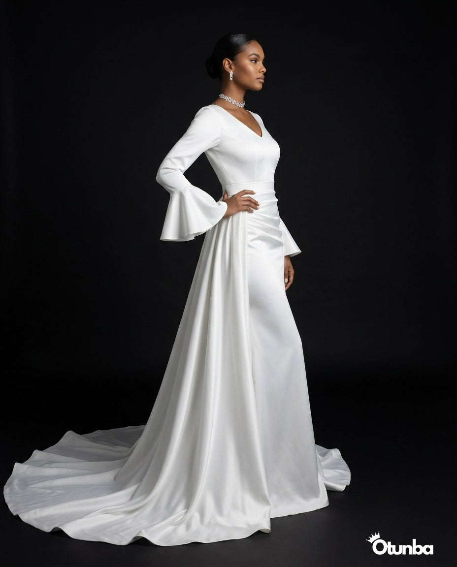 Luxury Satin Simple Mermaid Wedding Dress | Long Sleeve with Detachable Skirt — Photo 1 | OTUNBA Luxury Fashion
