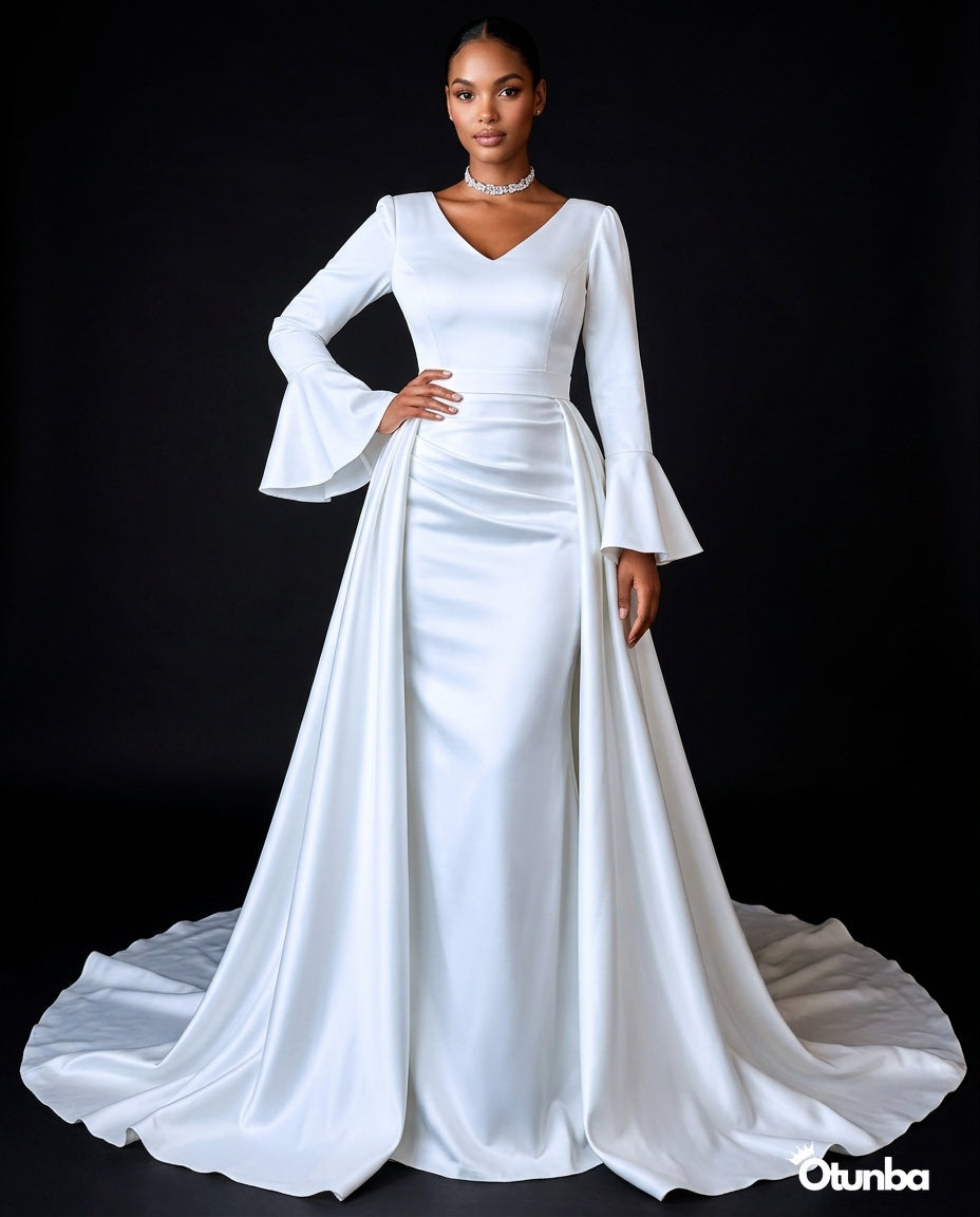 Luxury Satin Simple Mermaid Wedding Dress | Long Sleeve with Detachabl OTUNBA Luxury Satin Simple Mermaid Wedding Dress | Long Sleeve with Detachabl OTUNBA