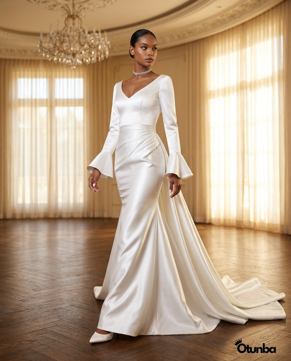 Luxury Satin Simple Mermaid Wedding Dress | Long Sleeve with Detachable Skirt — Social 1 | OTUNBA Luxury Fashion
