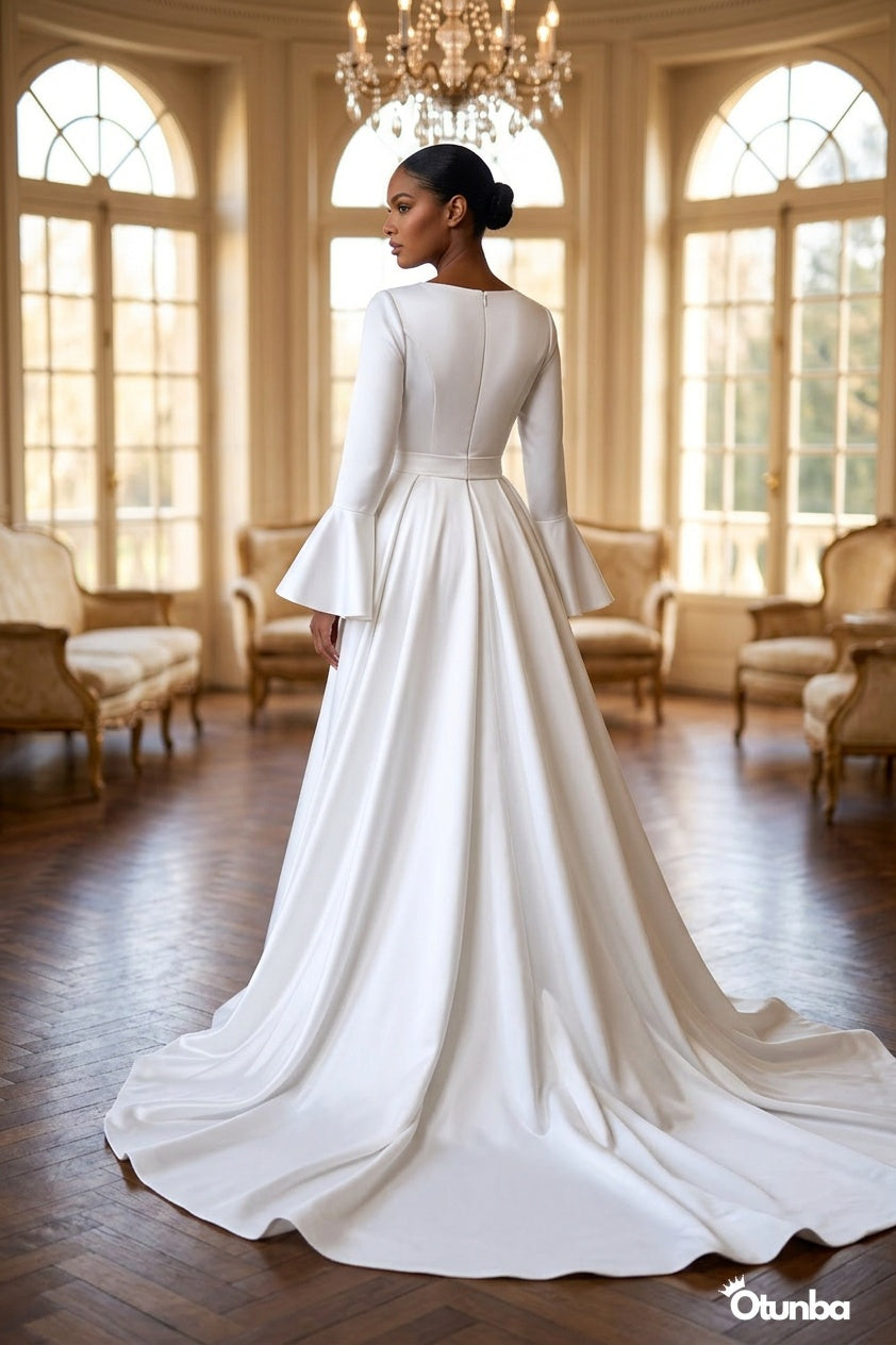 Luxury Satin Simple Mermaid Wedding Dress | Long Sleeve with Detachable Skirt — Social 2 | OTUNBA Luxury Fashion