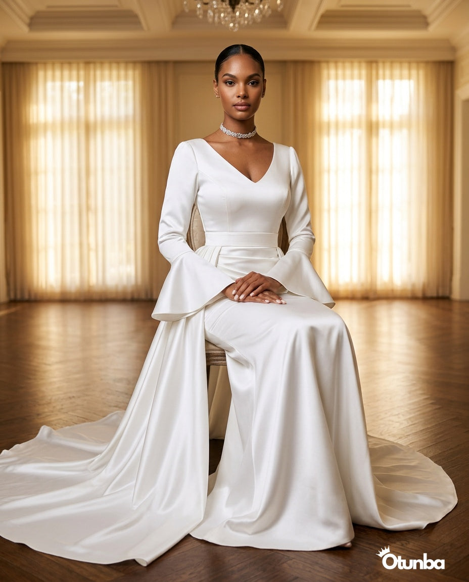 Luxury Satin Simple Mermaid Wedding Dress | Long Sleeve with Detachable Skirt — Social 4 | OTUNBA Luxury Fashion